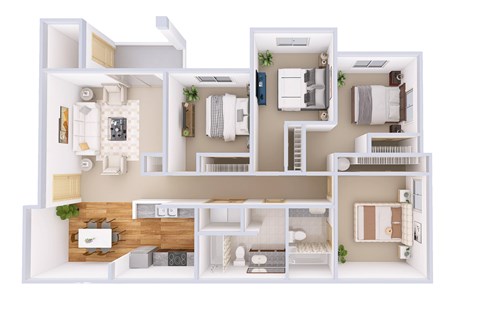 Floor plan for 4 beds, 2 baths, 1342 sqft
